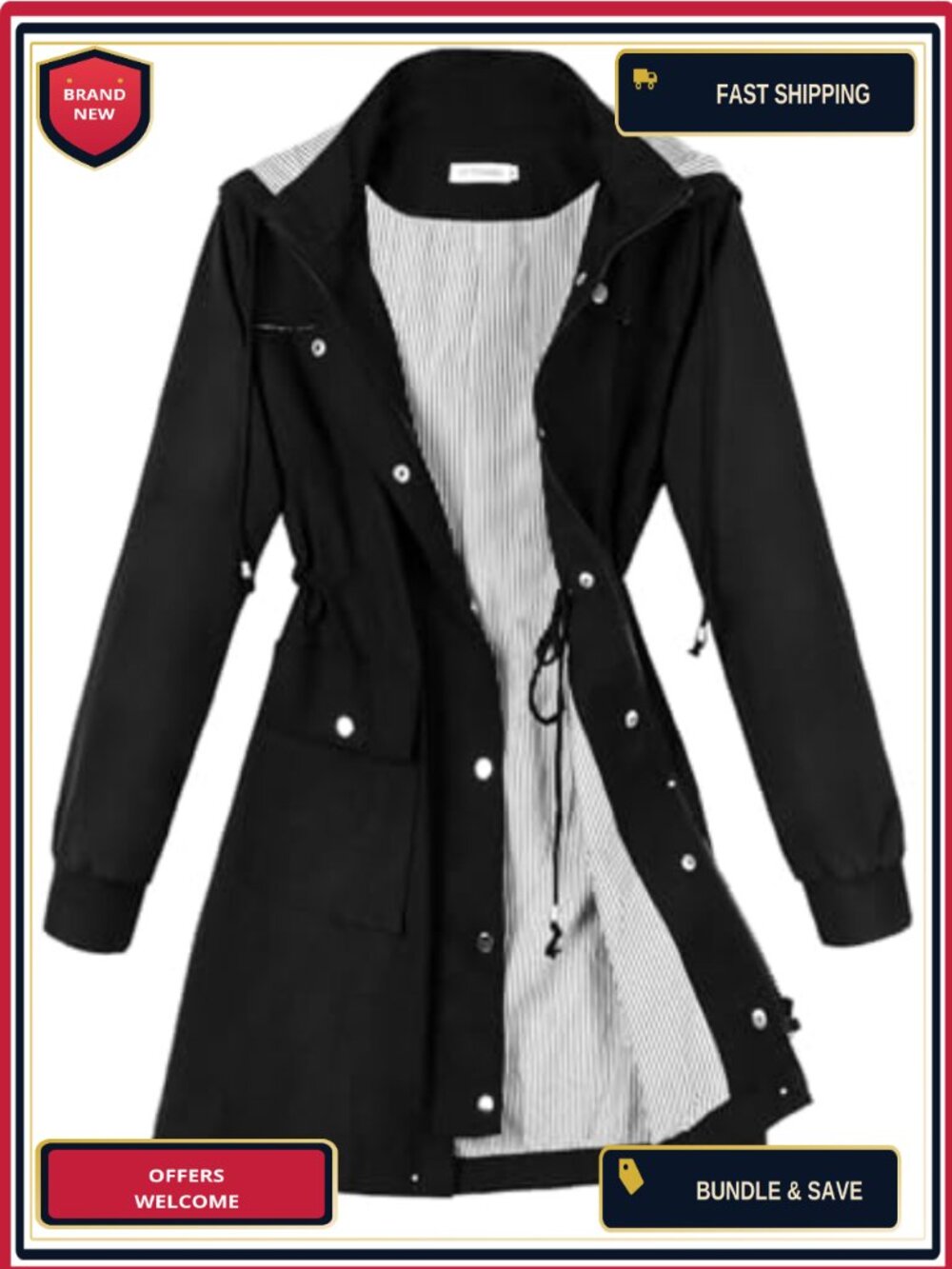 Waterproof Rain Jacket Women Lightweight Hooded Trench Coat